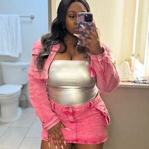 Pink Cropped Denim Jacket and Skirt Set